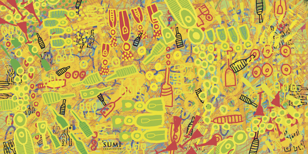 Drink_Chenin_2023_HR_ILLI_Courtesy-Chenin-Blanc-Association_Sumi-Gous Abstract painting of wine glasses and bottles in an array of positions in shades of yellow, orange, green and red.