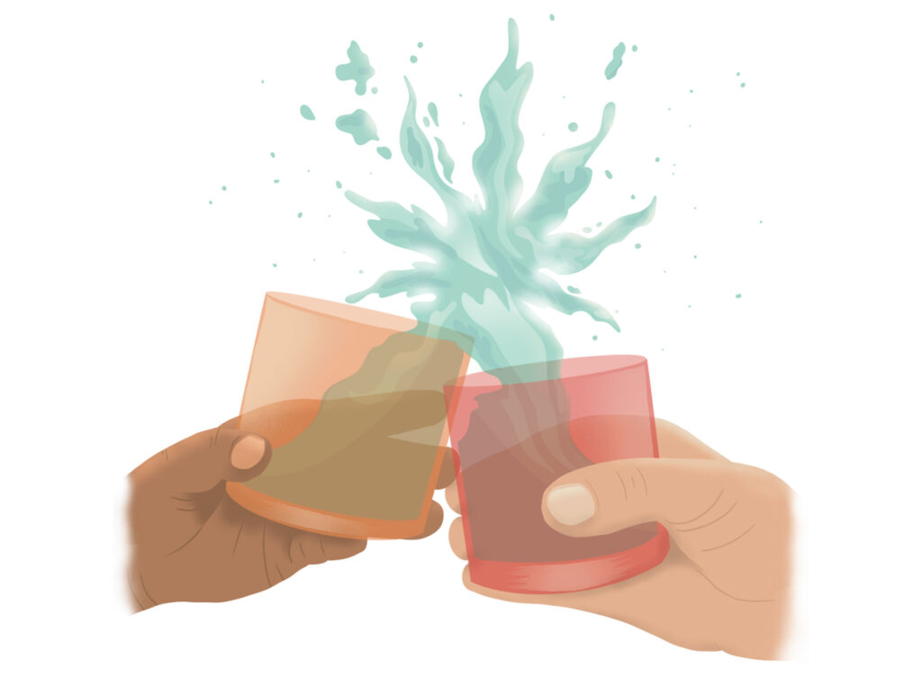 Two hands with glasses clinking with liquid splashing out in the shape of a cannabis leaf.
