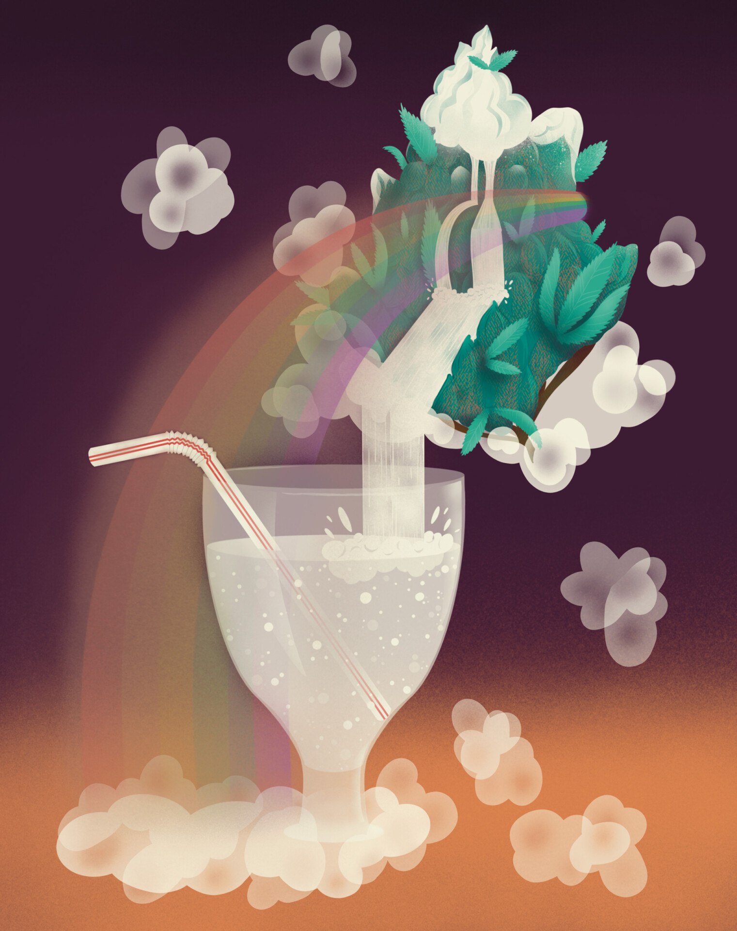 Illustration of a cannabis bud with liquid flowing down it into a drink glass with a straw in it.