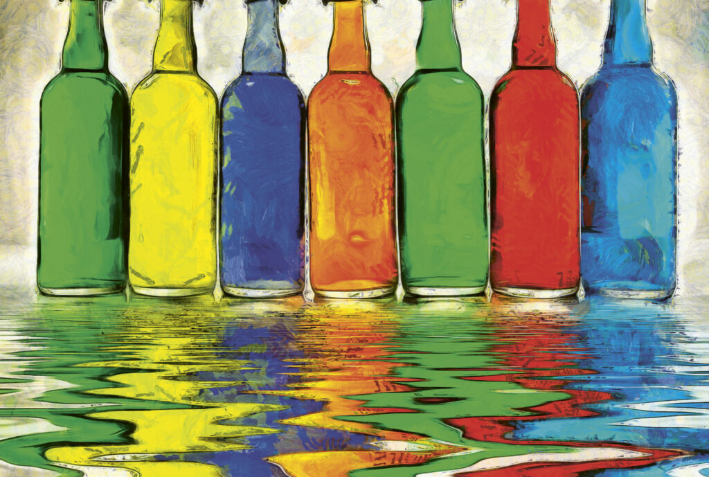 A watercolor-like illustration of various colored bottles that are reflecting in a rainbow of pooled liquid in front of them.