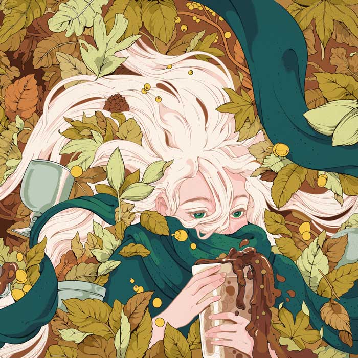Cover illustration from the Fall 2023 issue of Full Pour, featuring a woman with flowing hair and fall leaves and items drinking brown liquid from a glass held to her face.