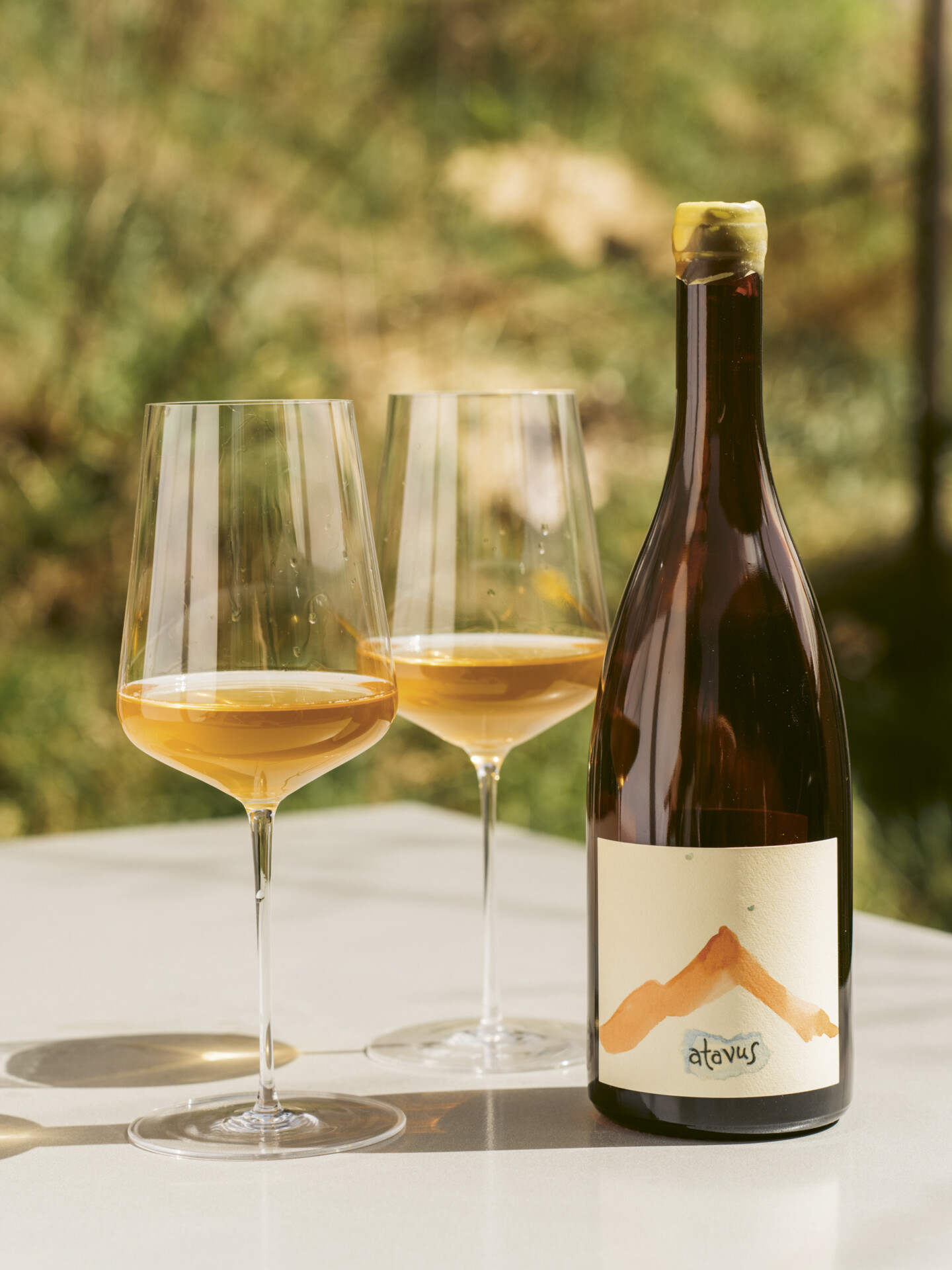 A bottle of Hiyu Atavus wine on a table with two wine glasses poured.