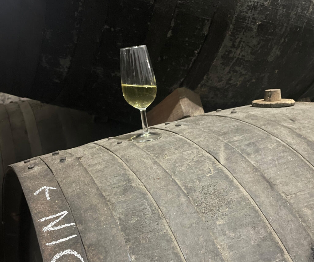 An old, dusty wooden wine barrel with a glass of white wine balanced atop.