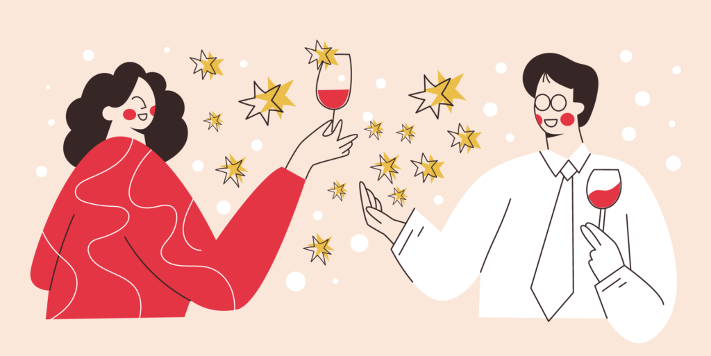 An illustration of a man and a woman holding up wine glasses in examination, with stars all around