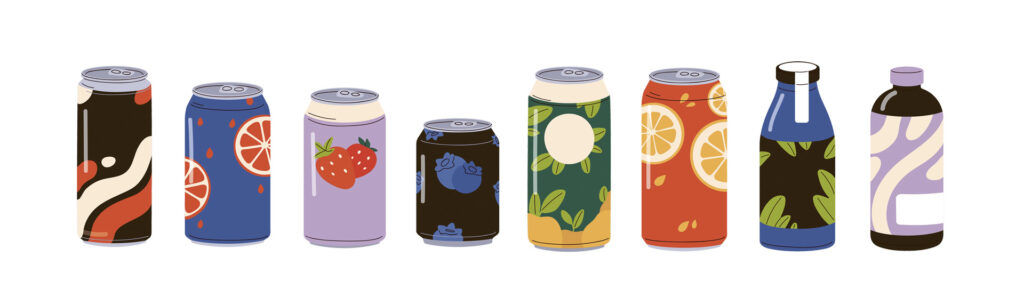 A lineup of illustrated cans of different beverage types.