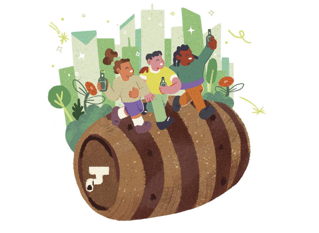 Illustration of three people atop a giant beer barrel with a city landscape in the background.