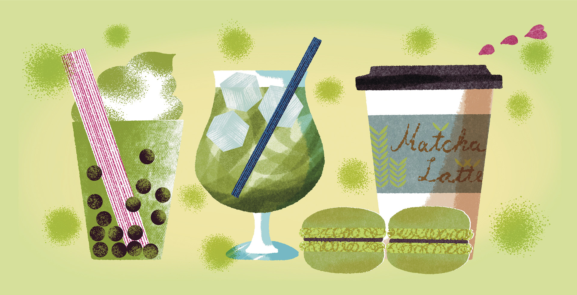 Illustration of bubble tea, a green tea drink and a matcha latte with two green-tea macaroons in front.