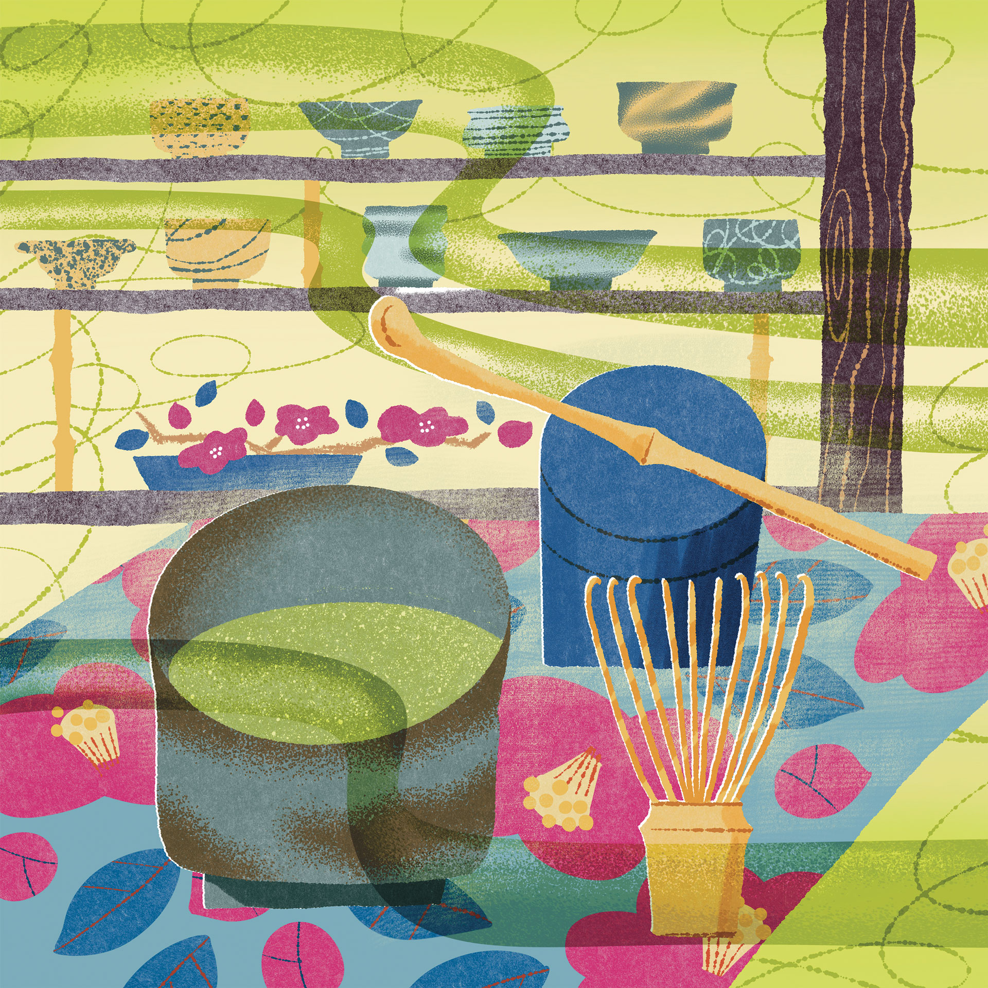 Illustrated depiction of traditional matcha equipment and serviceware, including a bamboo spoon and whisk, matcha cup and bowls