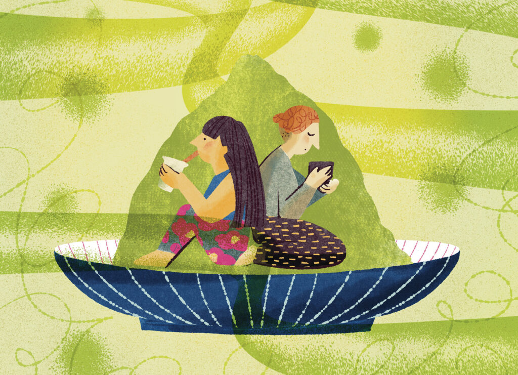 Matcha-hero-crop Illustration of a bowl holding a pile of matcha and inside are two people enjoying sips from warm-looking beverage cups, and at top, a traditional bamboo matcha spoon holds a serving of the green tea powder.