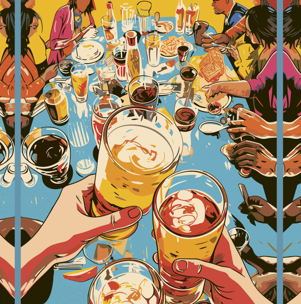 Illustration of people gathered around a table full of food and various drinks, with two hands holding glasses cheersing in the foreground.