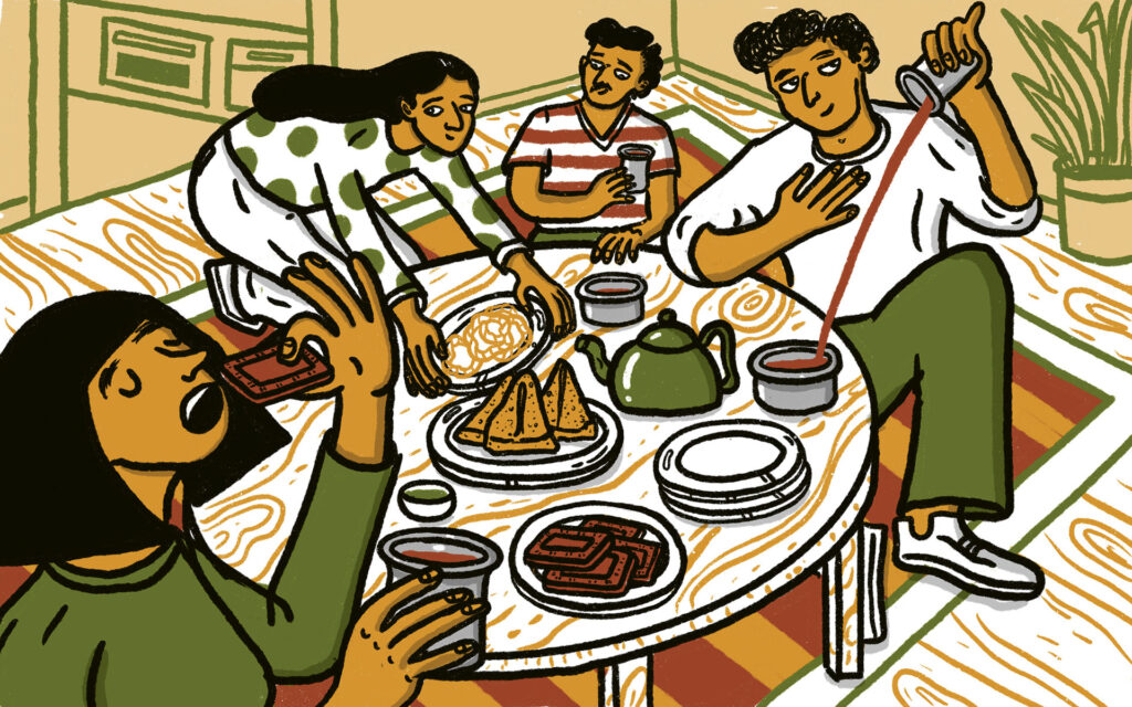 halfpfe_Vidhya-Nagarajan_hero Illustration of a group of people sitting around a table with tea and treats.
