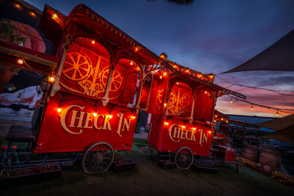 A circus-themed welcome wagon outside of Lost Spirits Distillery in Los Vegas, NV