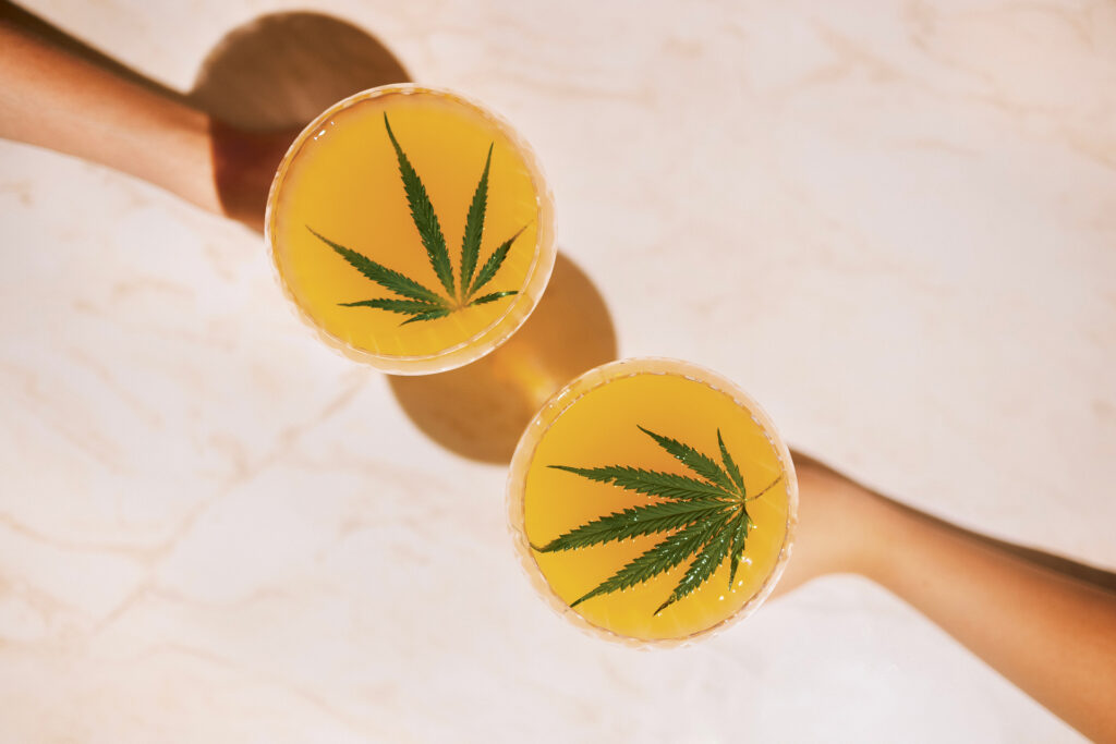 Two hands holding pint glasses with yellow-orange liquid in them and a cannabis leaf floating on top, getting ready to clink and cheers.