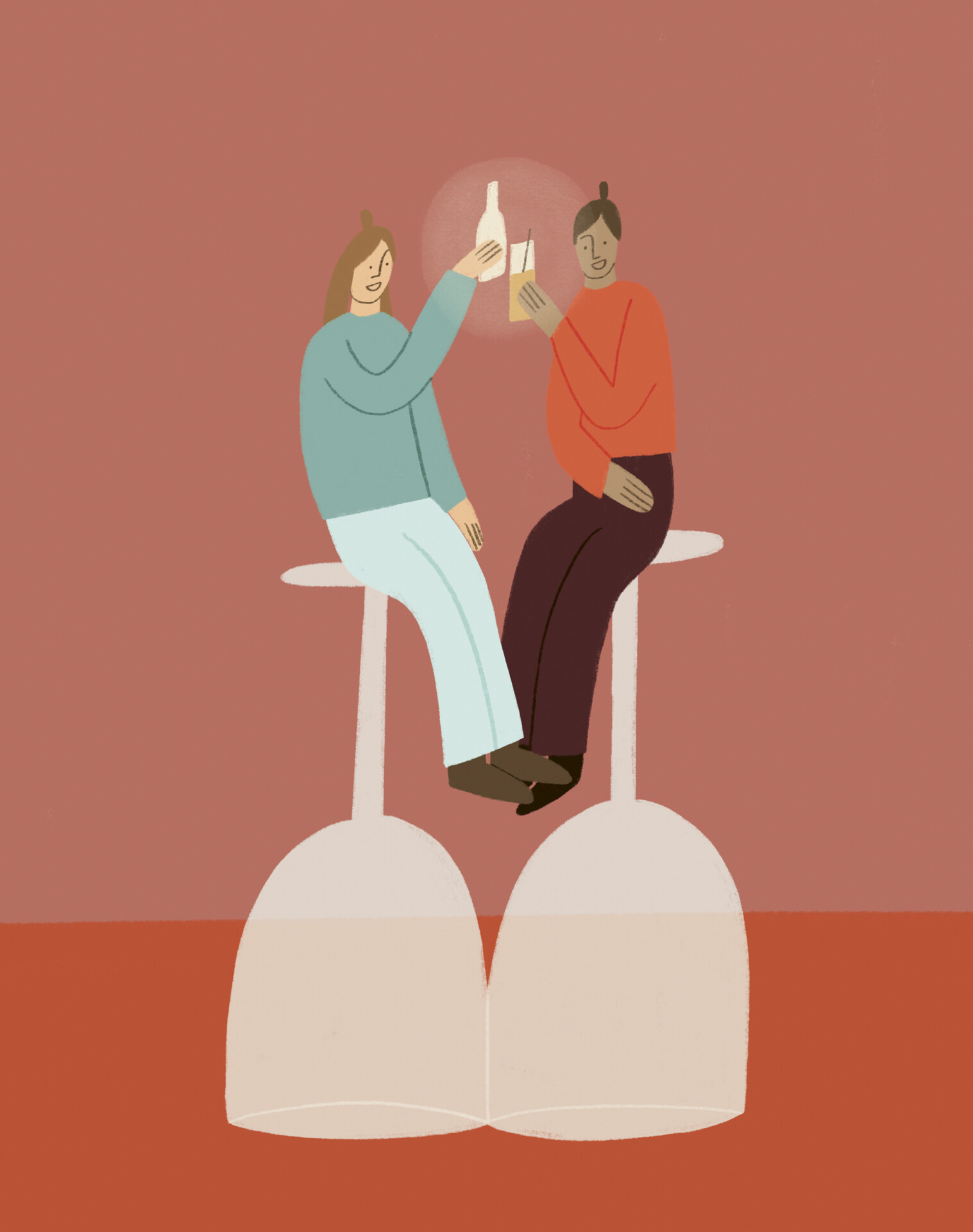 Illustration of two people cheersing glasses on top of upside down wine glasses, suggesting an alcohol-free encounter.