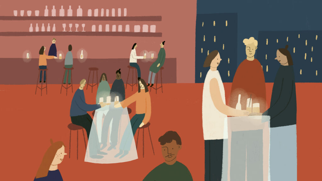 The-Zero-Proof-Bar-HERO Illustration of various people gathered in what looks like a casual bar setting, only the tables are all upside down drink glasses, suggesting this is an alcohol-free space.