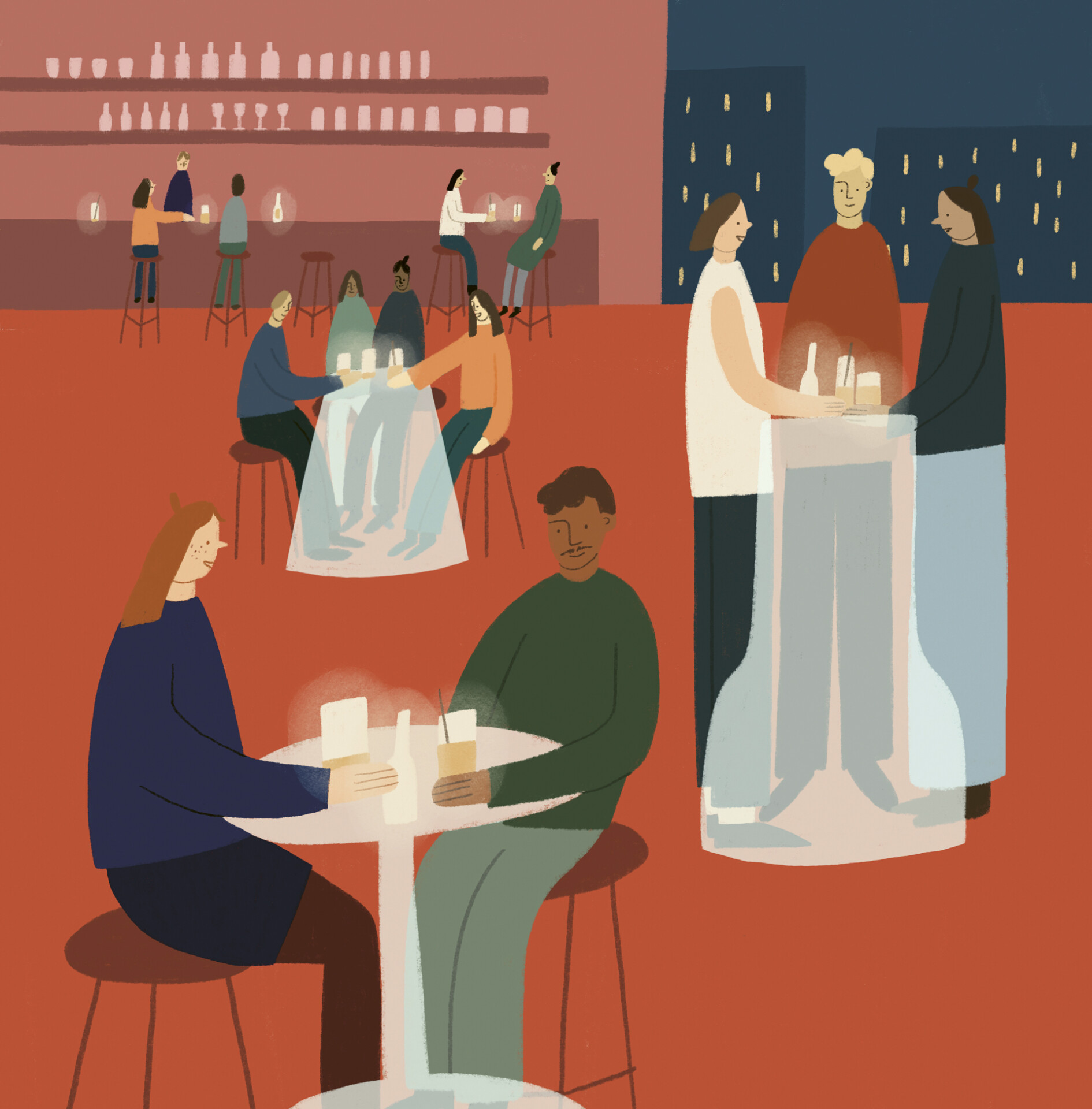 Illustration of various people gathered in what looks like a casual bar setting, only the tables are all upside down drink glasses, suggesting this is an alcohol-free space.
