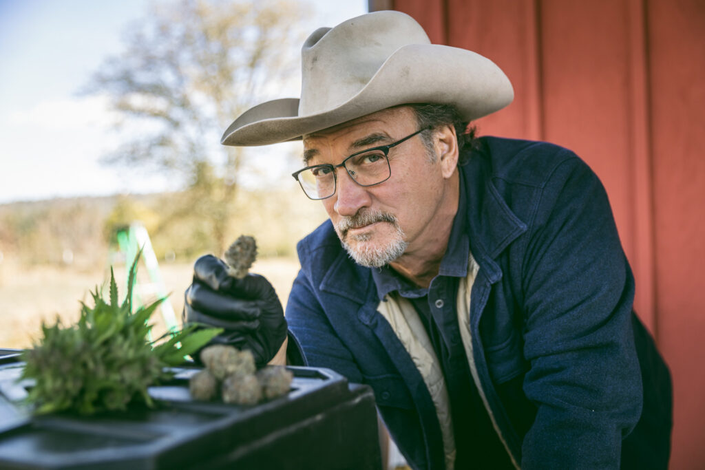 Photograph of Jim Belushi holding up a cured cannabis bud