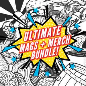 Graphic illustration with the Spring 2023 issue cover plus a comic-style burst that reads "Ultimate Mags + Merch Bundle"