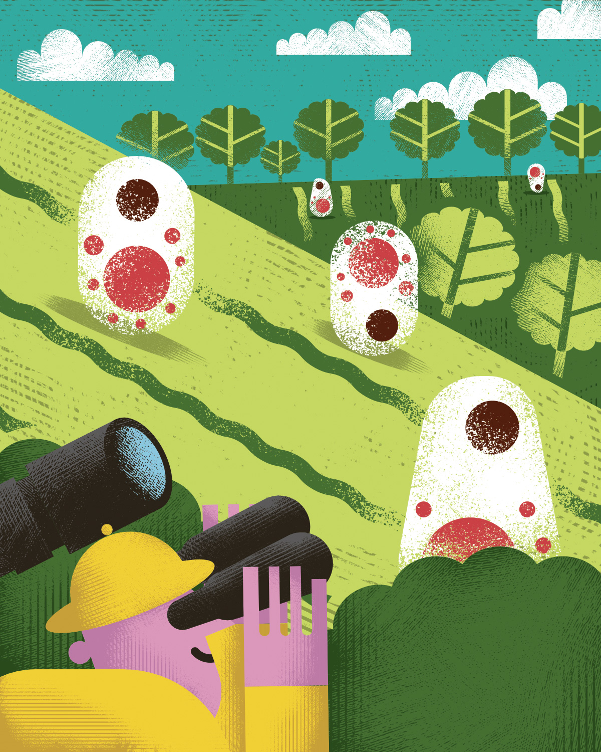 Illustration of a man in a bush with binoculars looking at microbes on a grassy field.