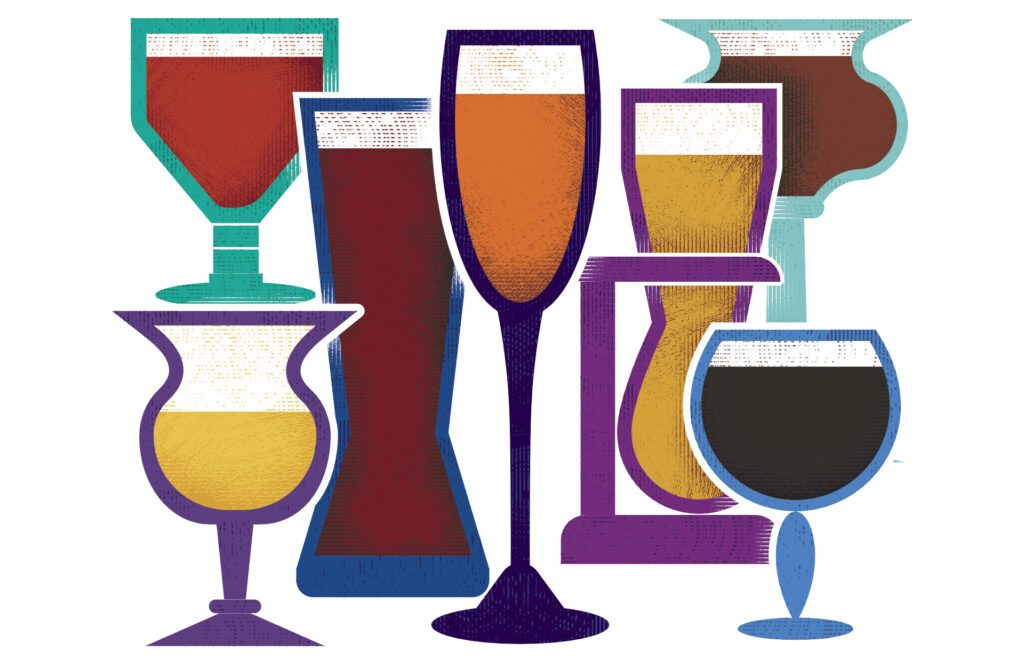 Illustration of various types and shapes of beer glasses filled with different colored liquid.