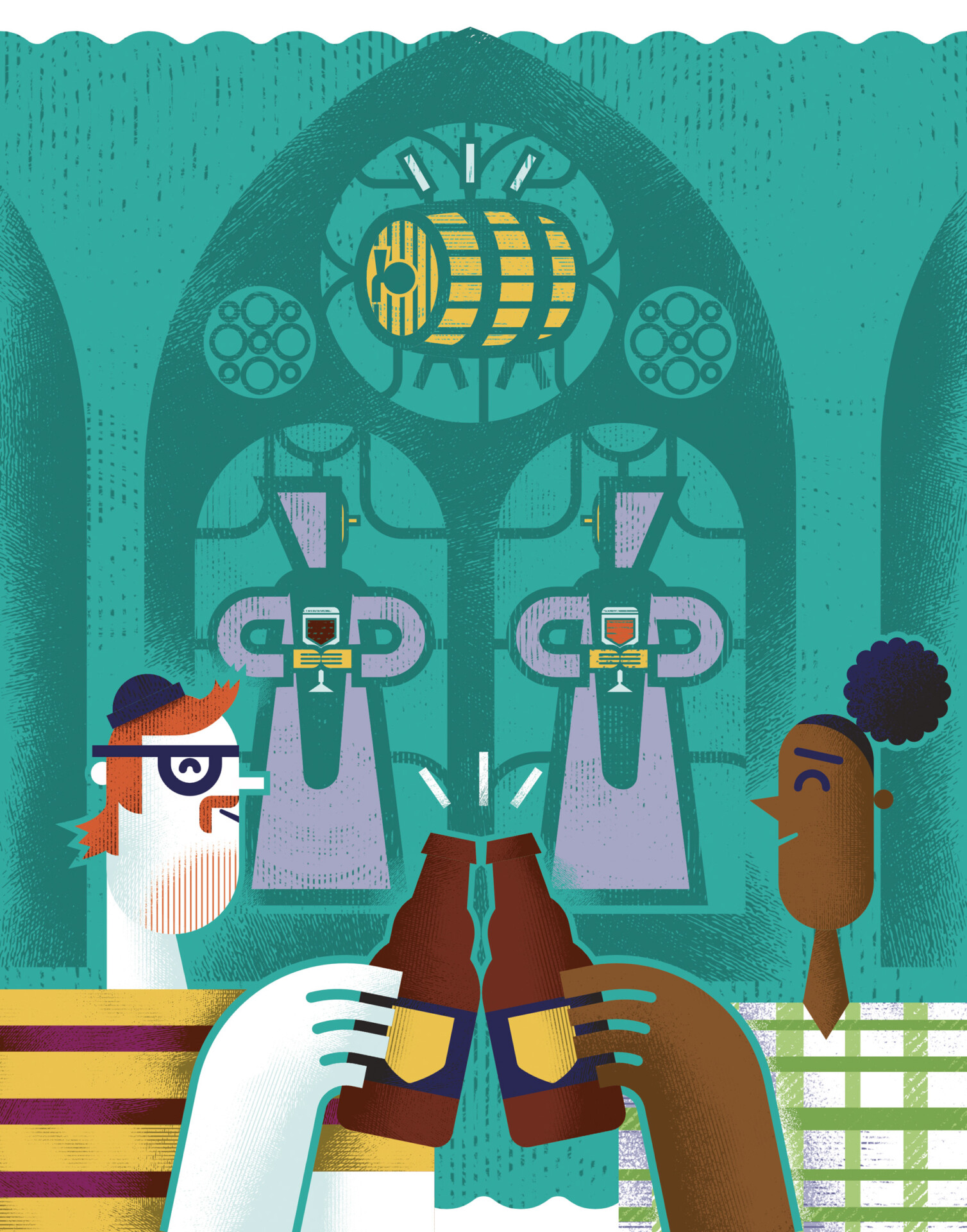 Illustration of two people cheersing with brown beer bottles in front of a stained-glass window that depicts a barrel of beer and Trappist monks holding a chalice of liquid.