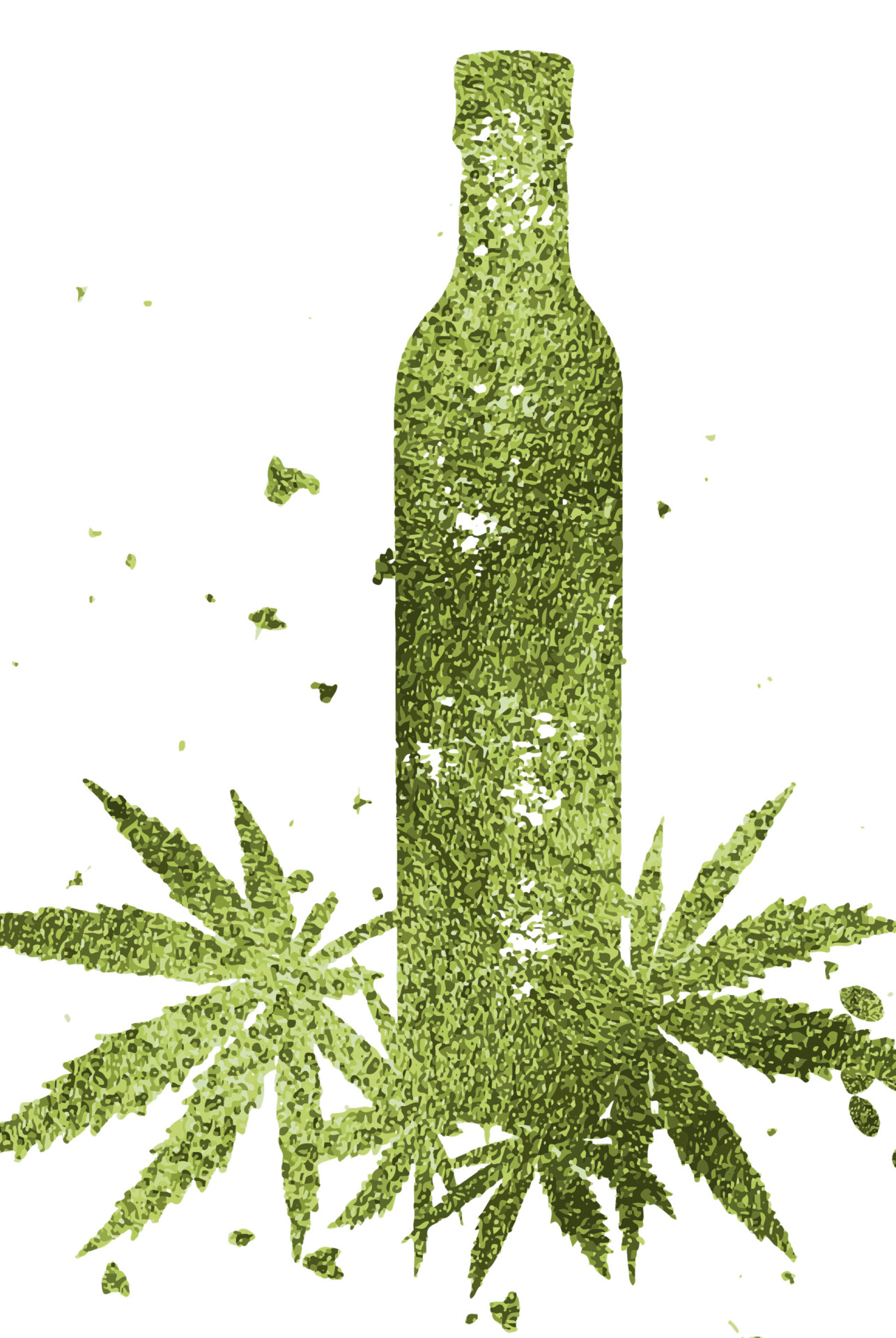 Illustration of a wine bottle shape with cannabis leaves at bottom filled by green particle dust/texture.