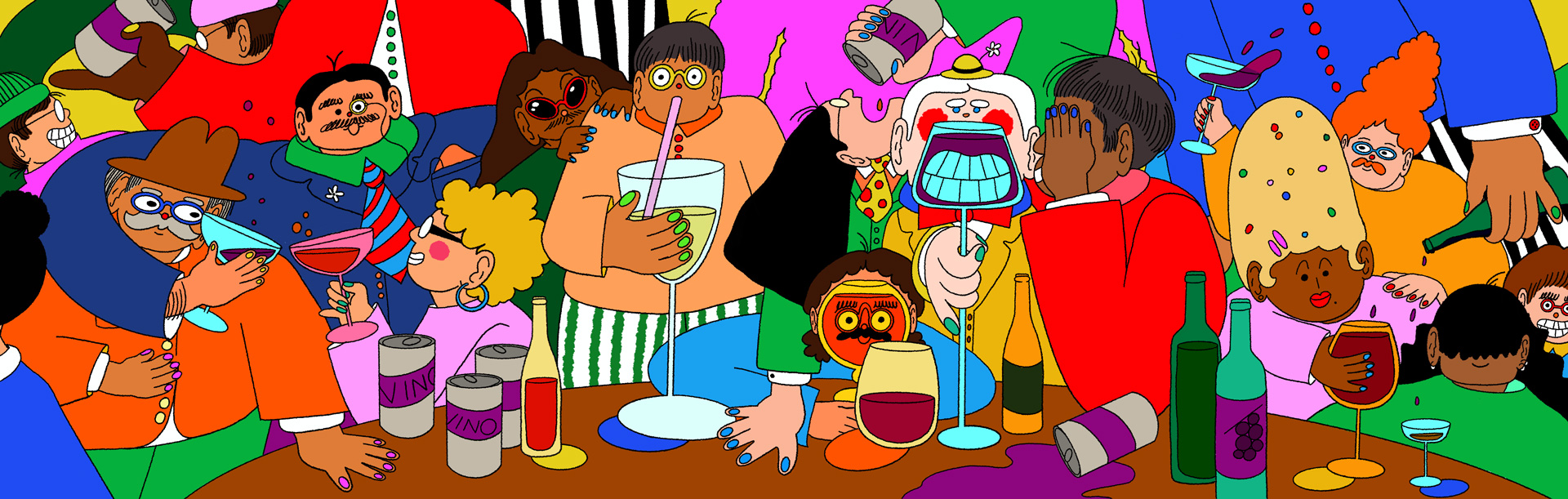 A playful illustration of different people enjoying drinks from varying wine glass shapes.
