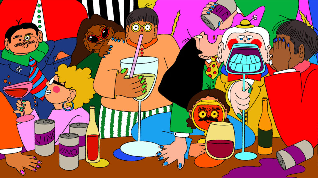 A playful illustration of different people enjoying drinks from varying wine glass shapes.