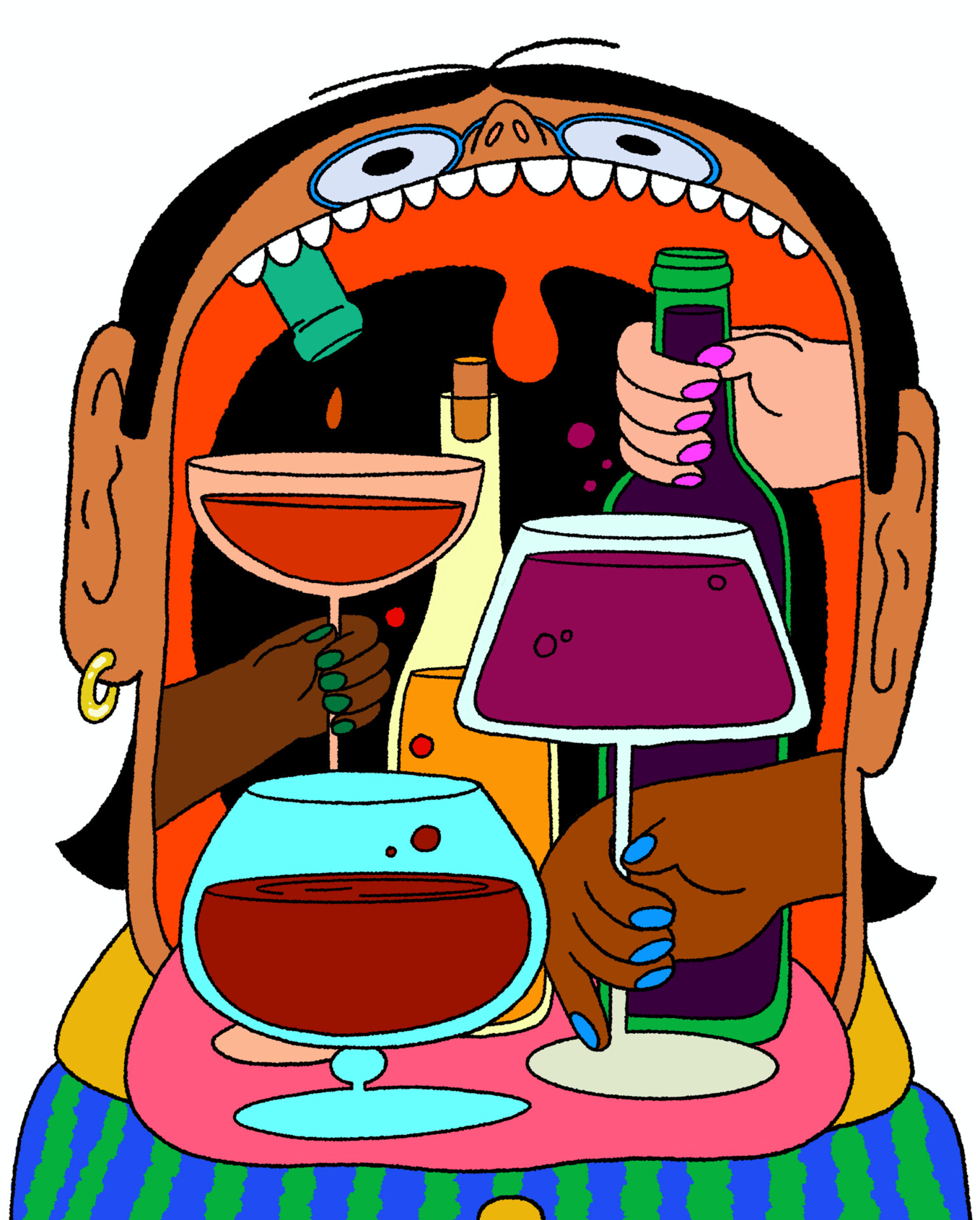 Illustration of a face with mouth wide open, and inside the mouth is assorted wine glasses and bottles held in hands coming in to cheers.