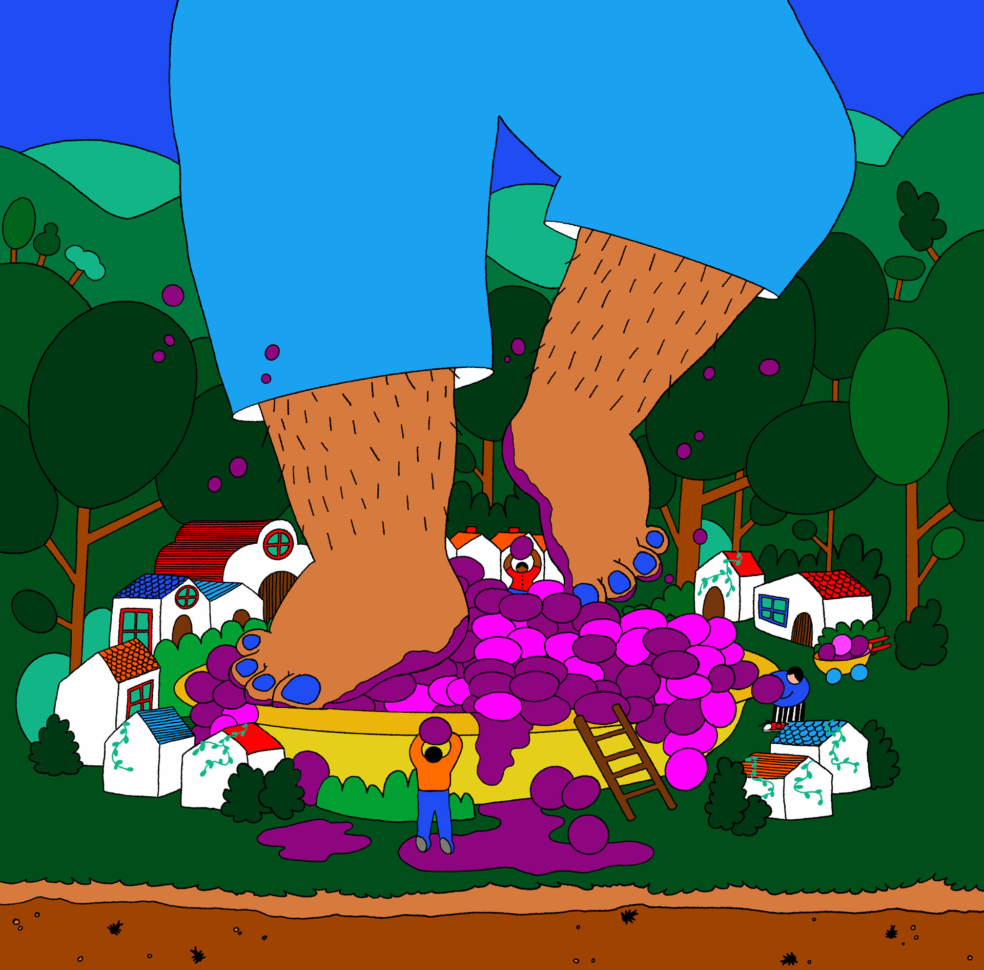 Illustration of giant feet stomping a vat of purple grapes, with tiny houses and people surrounding it, in a depiction of winemaking as community.