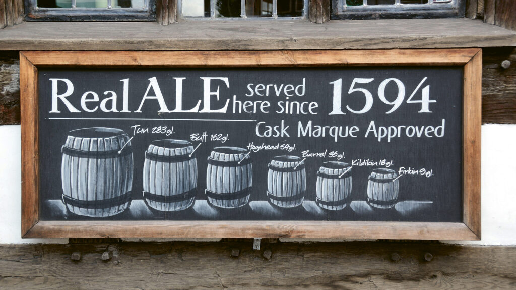A real ale ad outside outside The Garrick Inn in Stratford-upon-Avon, England