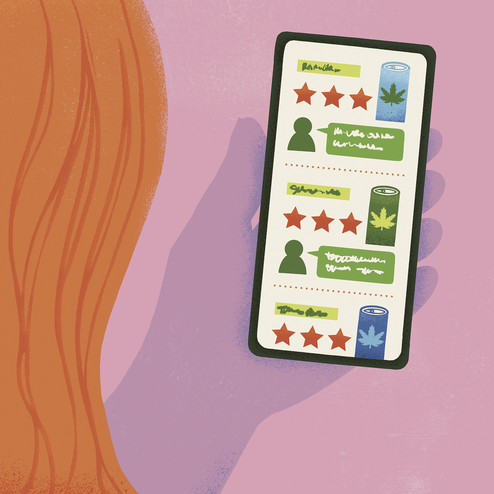 Illustration of a red-haired woman holding a cell phone that depicts a rating app for cannabis drinks.