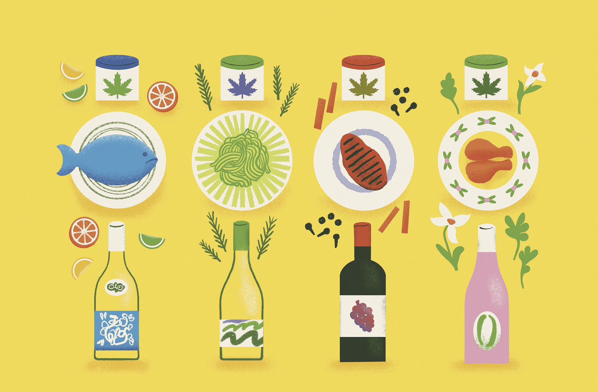 Illustration depicting various plates of food, including fish, vegetables, meat and chicken, with a bottle of wine and aromatic ingrendients below and a container of cannabis and aromatic ingredients above.