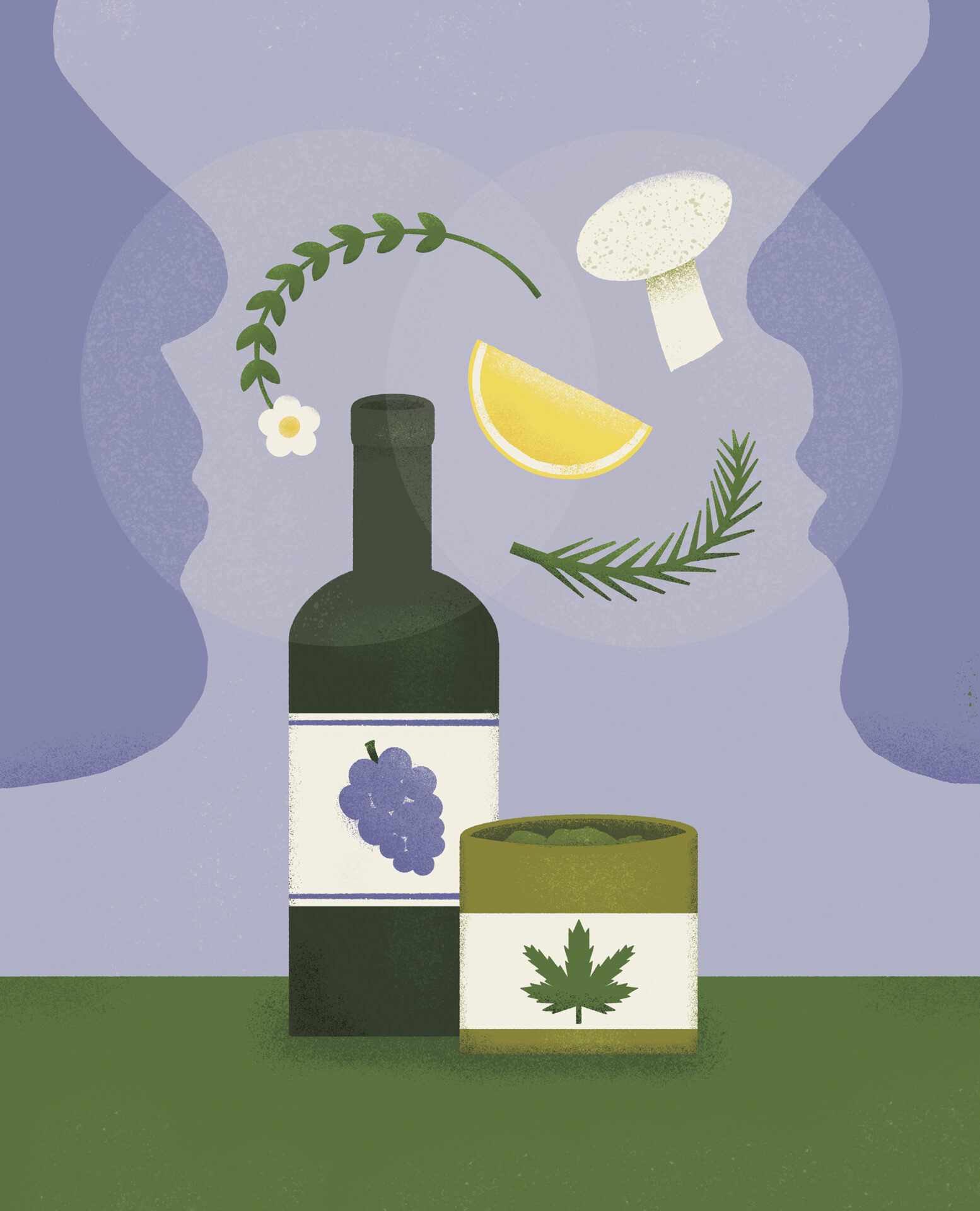 Illustration showing two partial face profiles at left and right with a bottle of wine and container of cannabis on a counter in between, and aromatic ingredients swirling above around the profile noses and mouths.