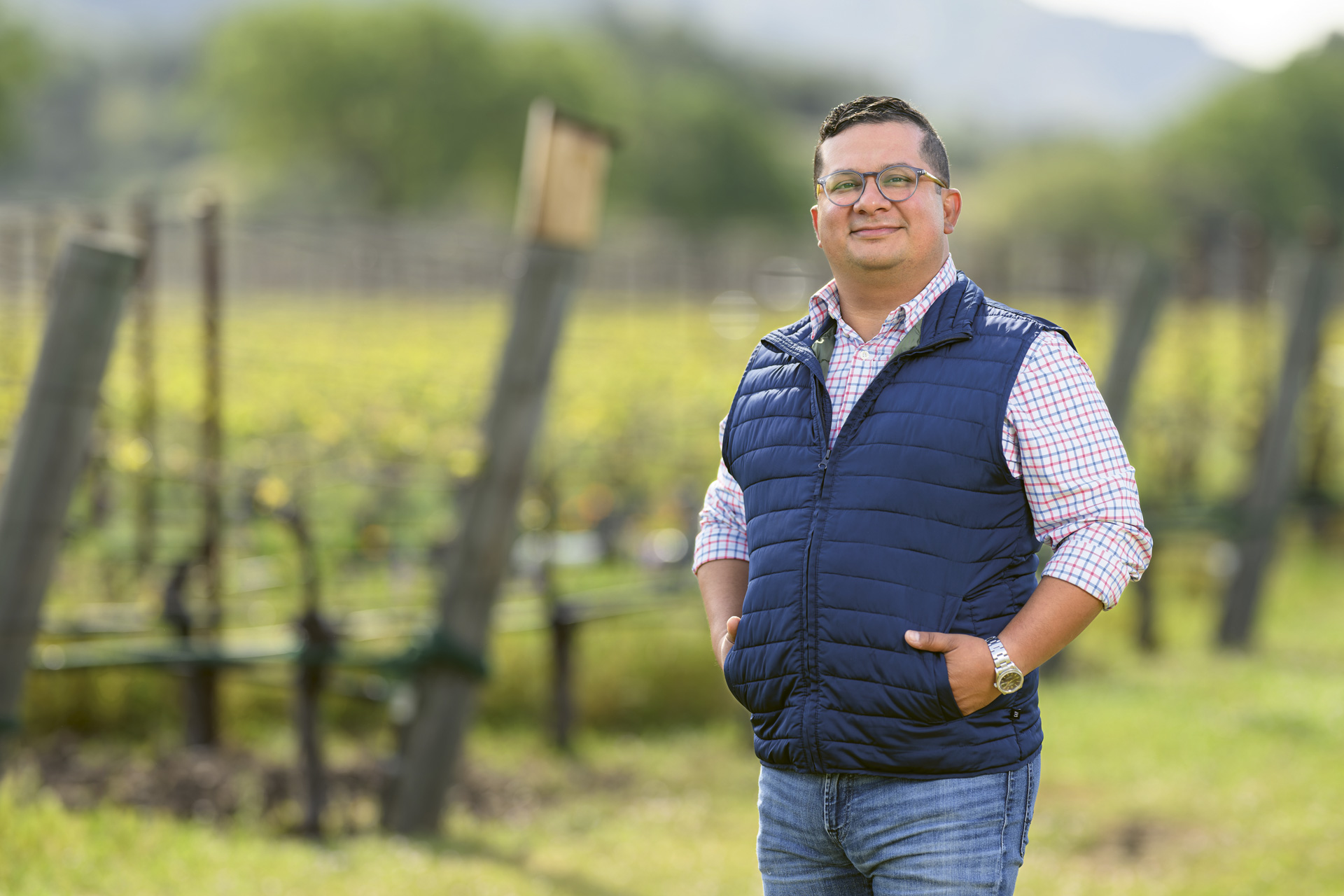Cliff Lede Vineyards Director of Vineyard Operations Eric Gallegos, standing in the foreground of a vineyard
