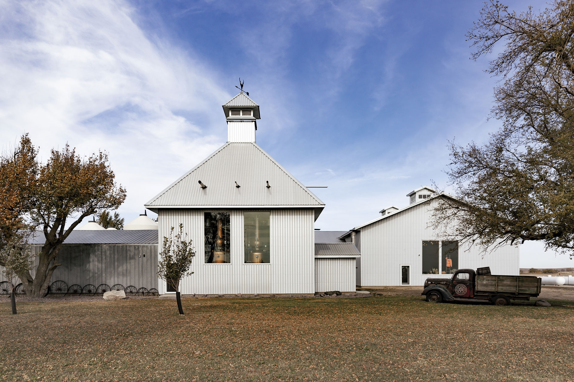 A photograph of the distillery and rack house at BlackFork Farms in South Dakota.