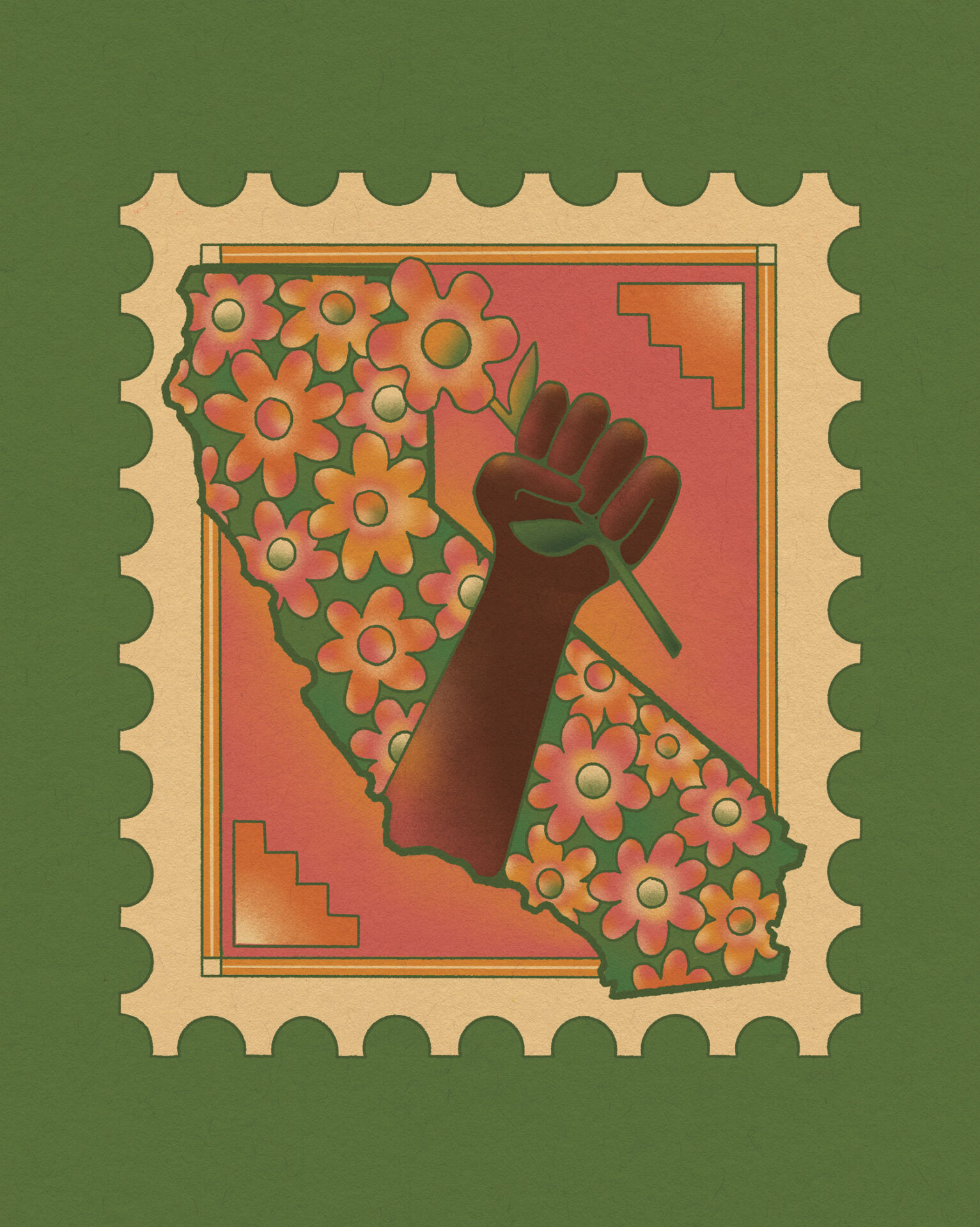 Illustration of a black hand coming out of the state of California holding a flower in a fist, all within the framework that looks like a stamp.