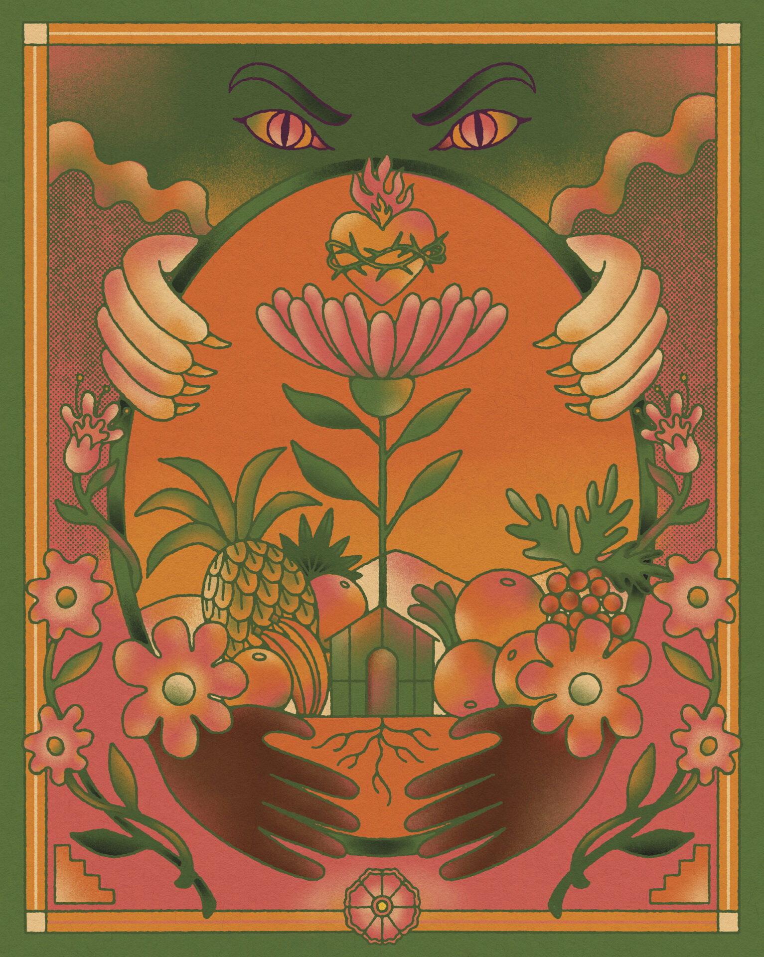 Illustration of black hands embracing land underneath a farm house and agricultural products, with menacing eyes, clouds and white hands gripping the framework of the image atop.