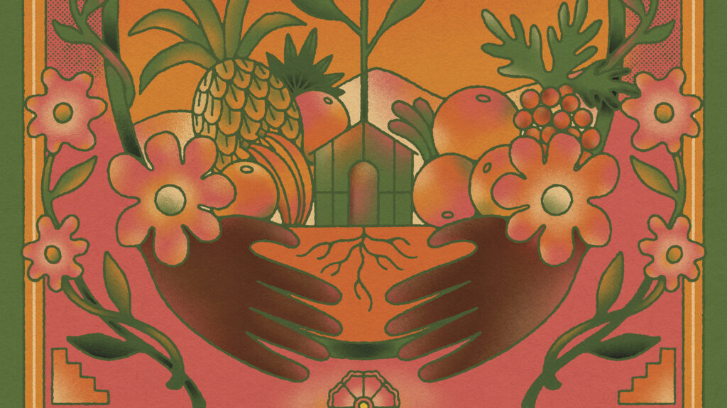 Illustration of black hands embracing land underneath a farm house and agricultural products.