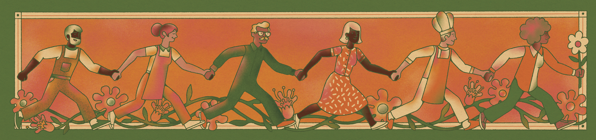 Illustration of various people—farm workers, chefs, winemakers, etc—holding hands across a banner space.