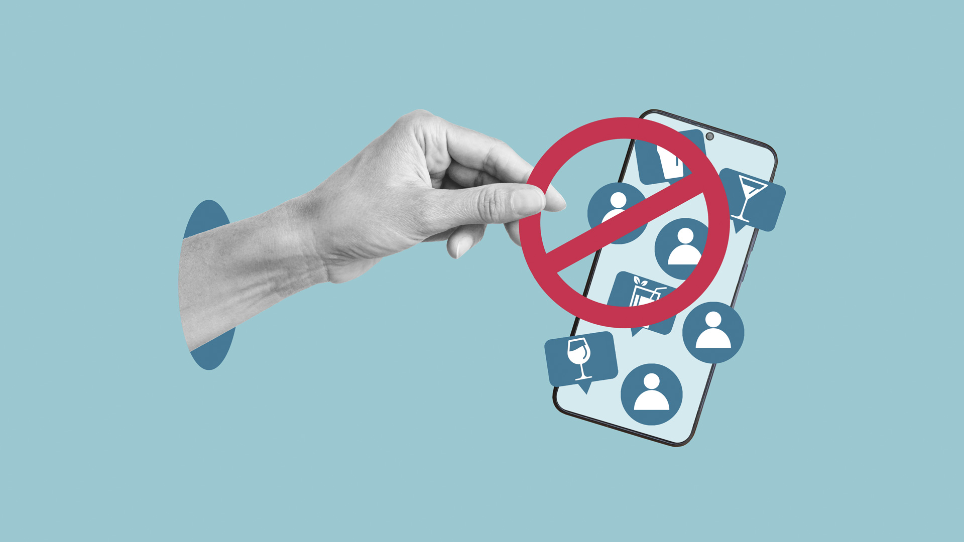 Illustration of a hand reaching out with a circle ban sign being placed over a mobile phone depicting various social media icons and reactions.